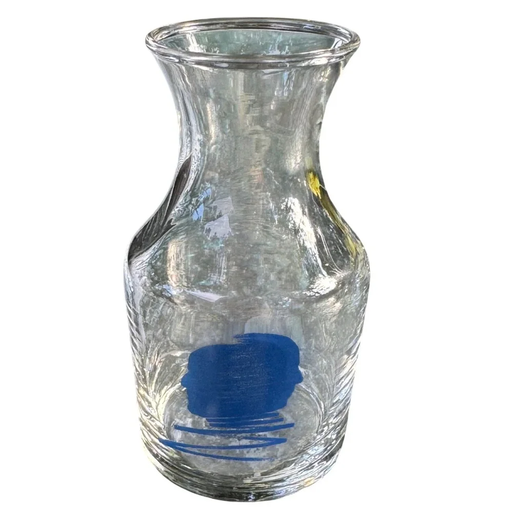 Vintage Clear Glass Carafe Bud Vase Blue Face Profiles Graphic Small Decanter
